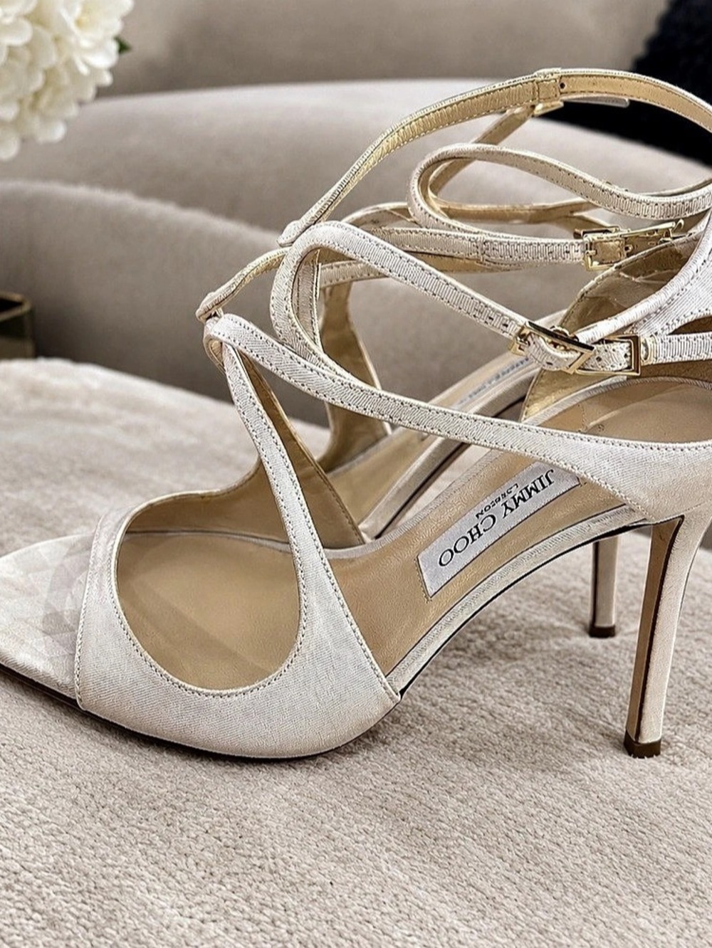 JIMMY CHOO Lance Strappy Sandals White Heels